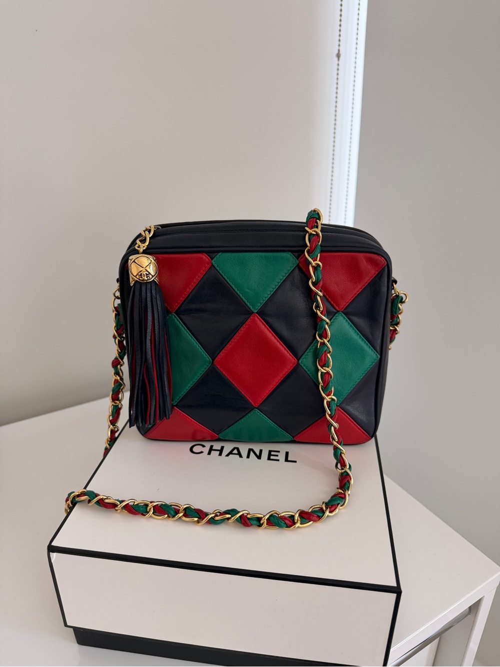 CHANEL Black Red Green Quilted Patchwork Leather Crossbody Bag with Tassel